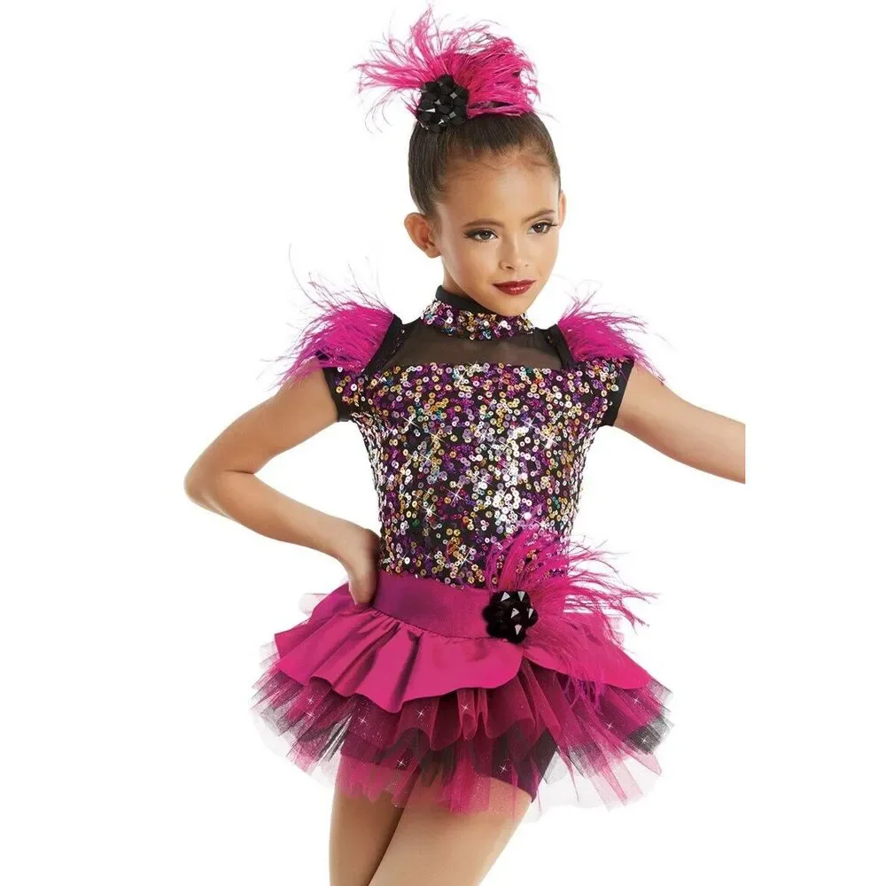 Pre-Owned Dance Costume Weissman 11477 XXL Child Pink Feathers Jazz Sequin